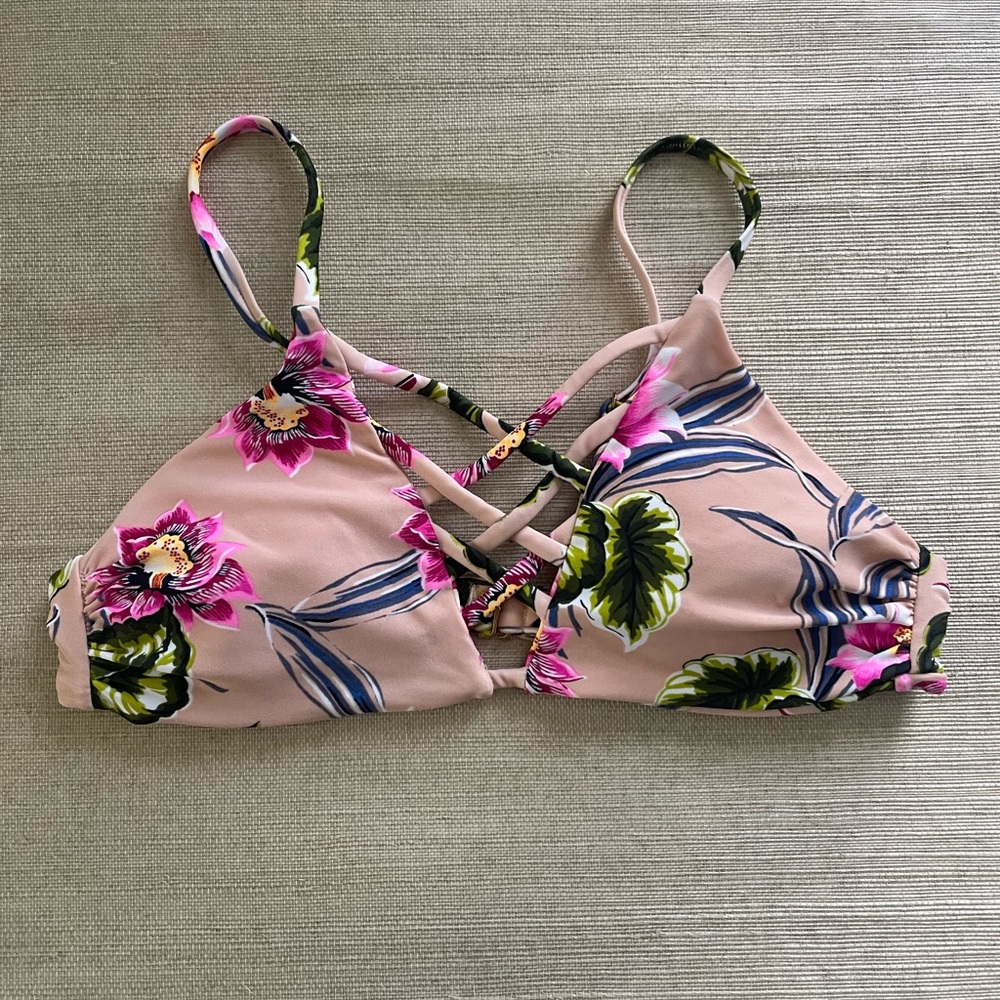 Tori Praver Seafoam Bikini Top size S Floral Pink Tropical Criss Cross Front Tie